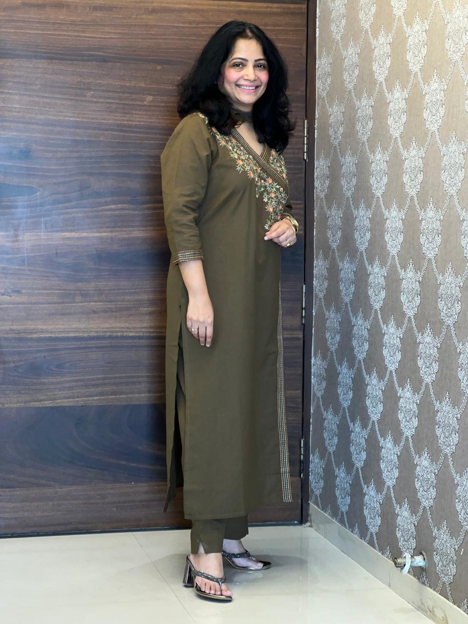 Muted Olive Brown Cotton Flex Angarkha Kurti-Pant Set