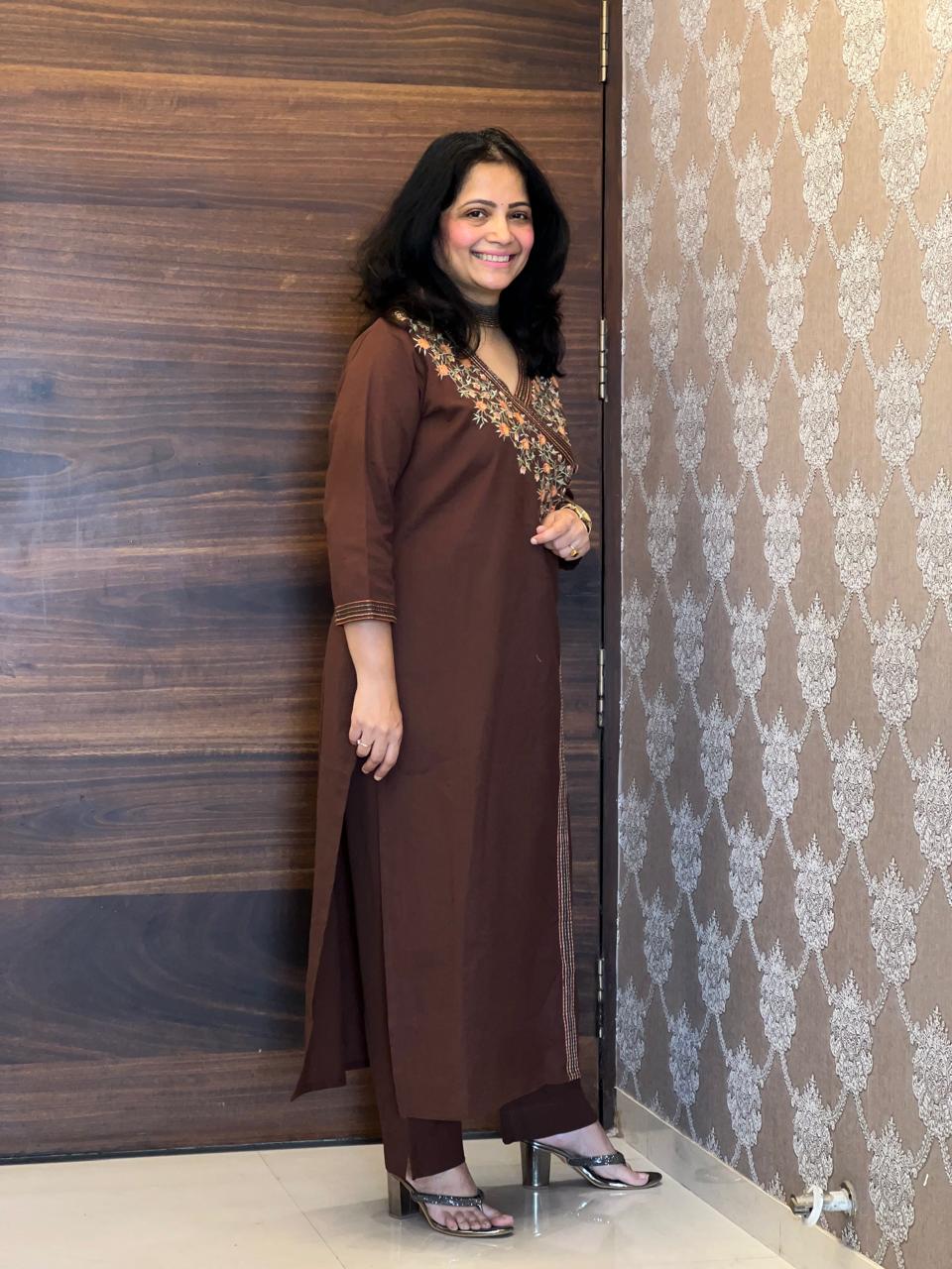 Coffee Brown Cotton Flex Angarkha Kurti-Pant Set