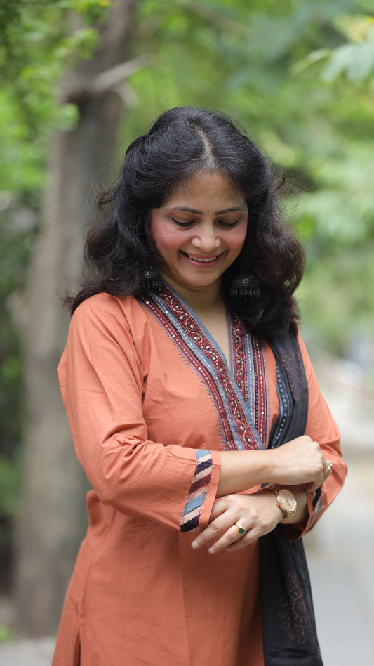 Earthy Brown Colour Applique Work Premium Cotton Dupatta Set