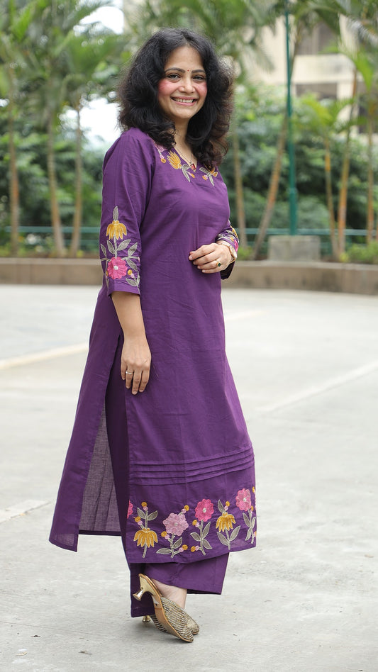 Purple Color Cotton Kurti-Palazzo Set