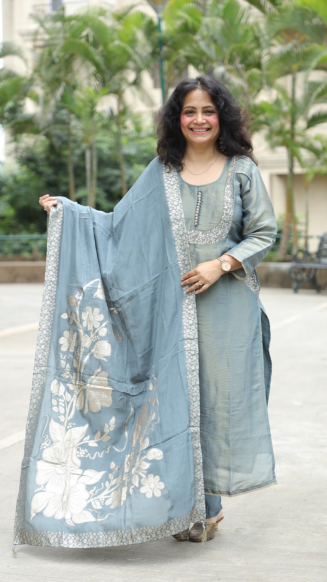 Grey Colour Tissue Silk Banarsi Dupatta Set
