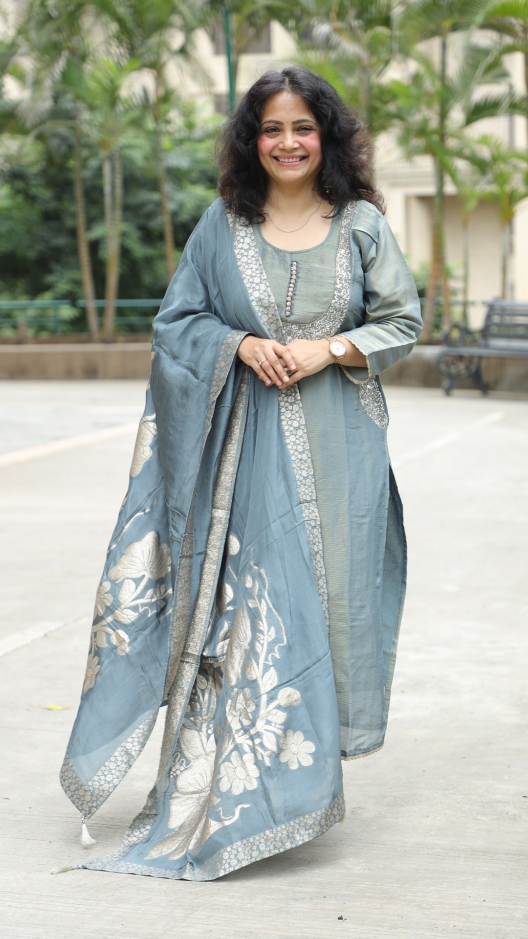 Grey Colour Tissue Silk Banarsi Dupatta Set