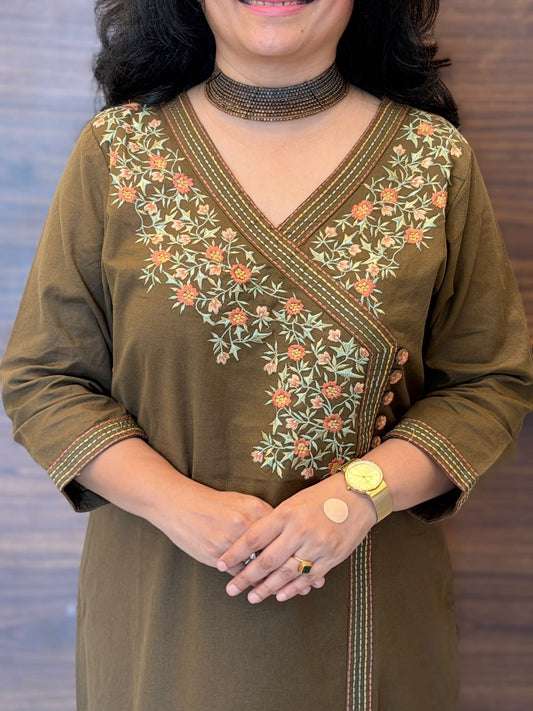 Muted Olive Brown Cotton Flex Angarkha Kurti-Pant Set