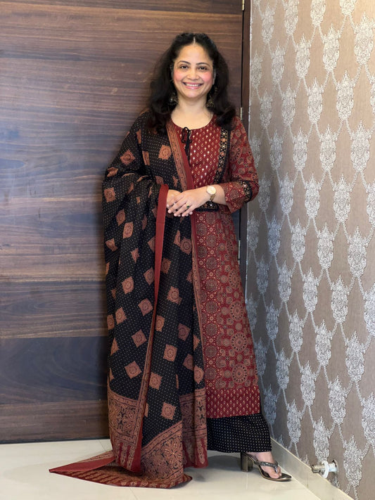 Rust Colour Ajrakh Pure Cotton Dupatta Set