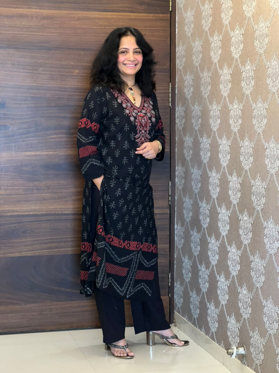 Black Color Block-Printed Pure Cotton Dupatta Set With Heavy Neck