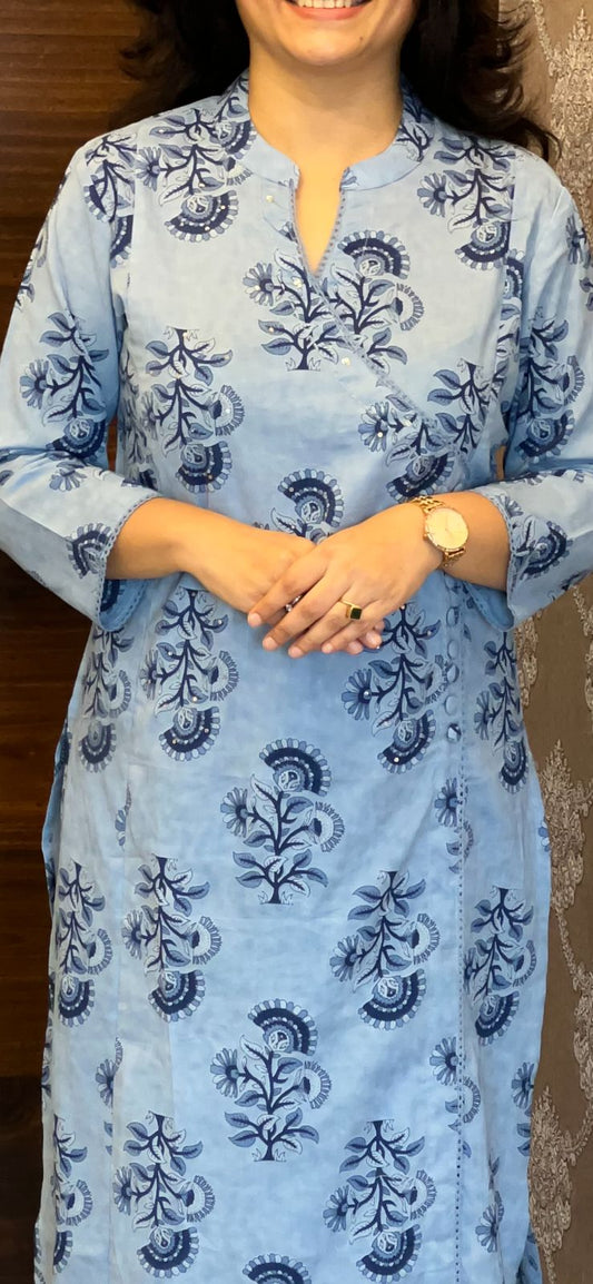 Light Blue Colour Angrakha Style Pure Cotton Dupatta Set