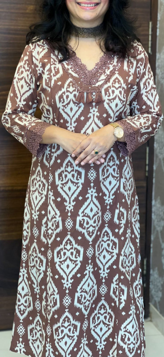 Brown Colour Ikkat Print Pure Cotton Dupatta Set