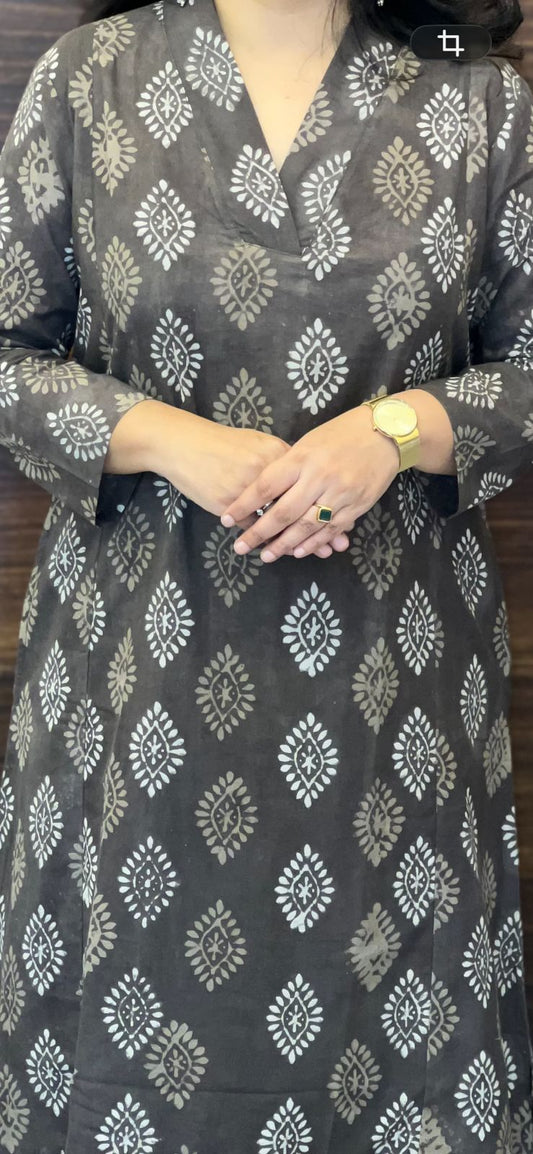 Brownish-Grey Color Dabu Hand Block Print Pure Cotton A Line Kurti With Palazzo