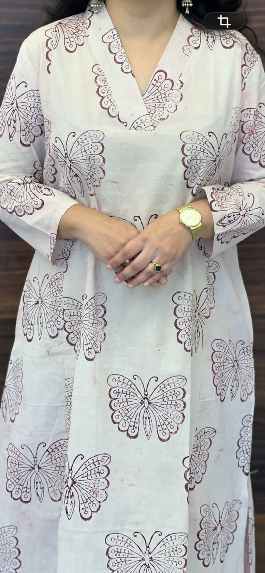 Light Pink Color Dabu Hand Block Print Pure Cotton A Line Kurti With Palazzo