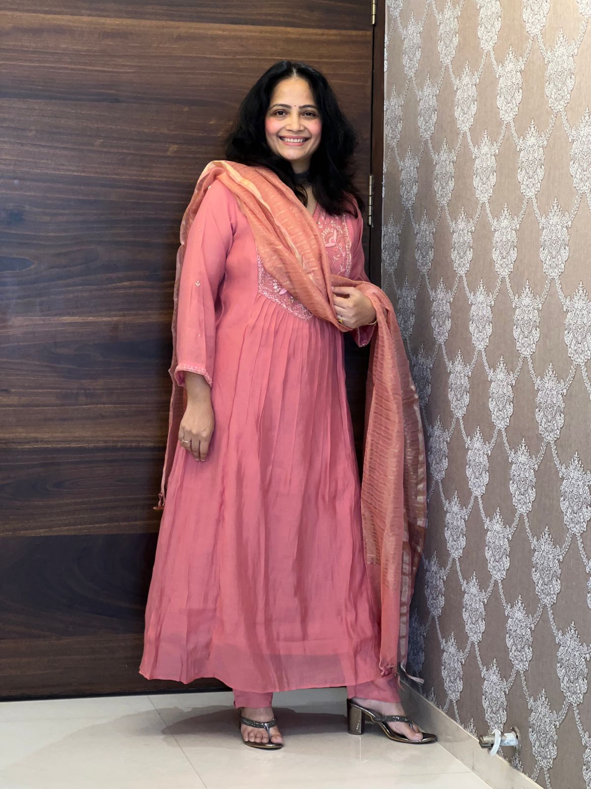 Pink Color Mul Chanderi Dupatta Set