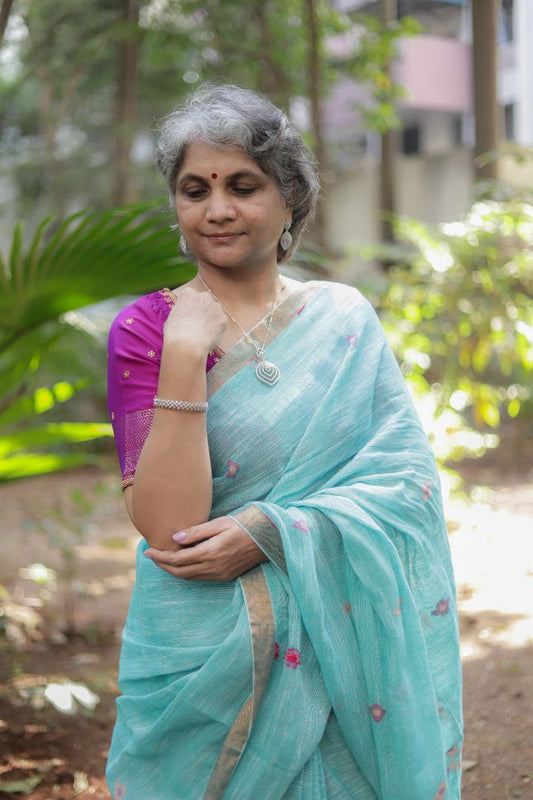 Pastel Green/Blue Shade - Linen jamdani saree