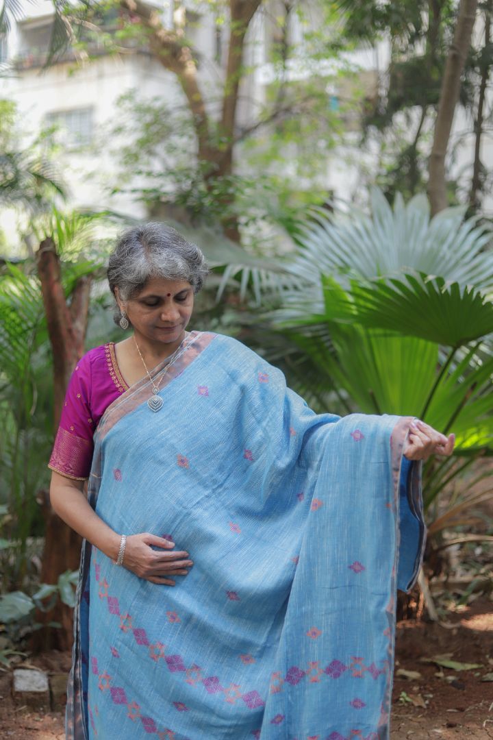 Pastel Green/Blue Shade - Linen jamdani saree