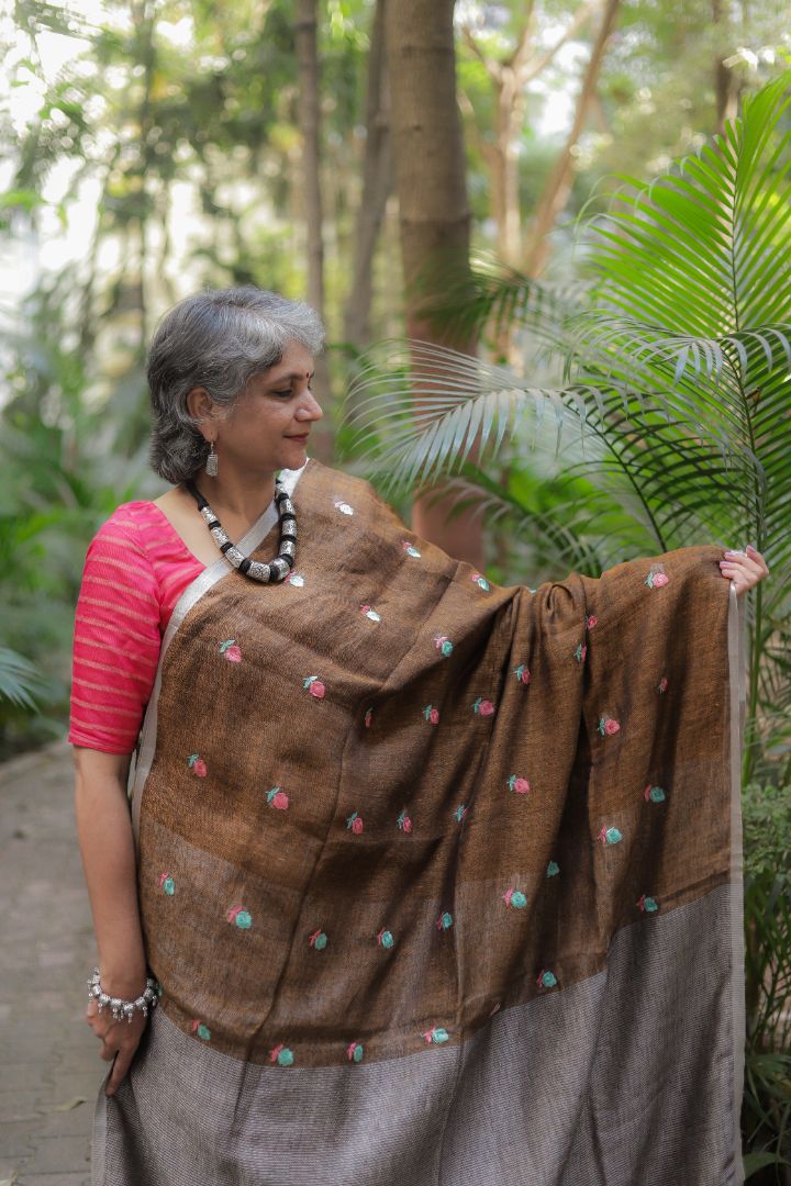 Light Green/Burgundy/Brown With Roses -Organic Linen