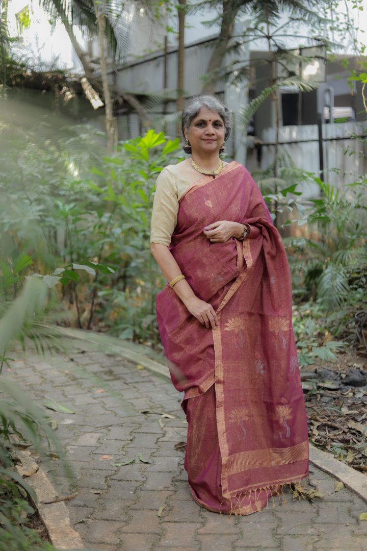 Pinkish Golden - Tissue Linen Jamdani