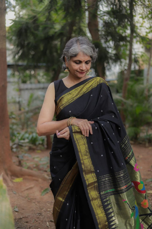 Black Cotton Handloom - Paithani Saree