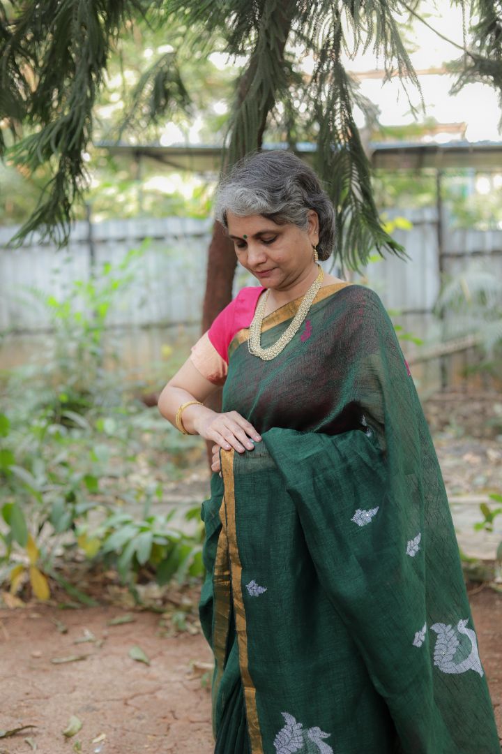 Green Colour Hand Woven Soft Pure Linen Jamdani Saree