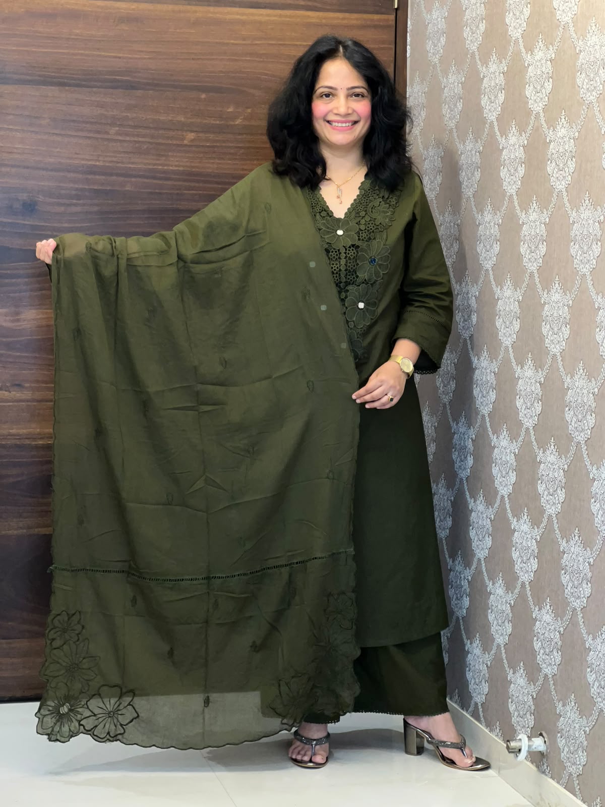Dark Olive Green Pure Cotton Dupatta Set