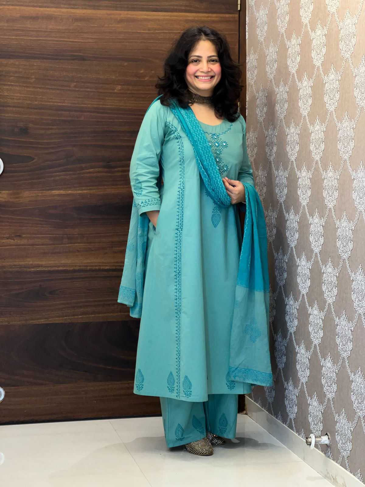 Aqua Blue Colour Block Printed Pure Cotton Dupatta Set