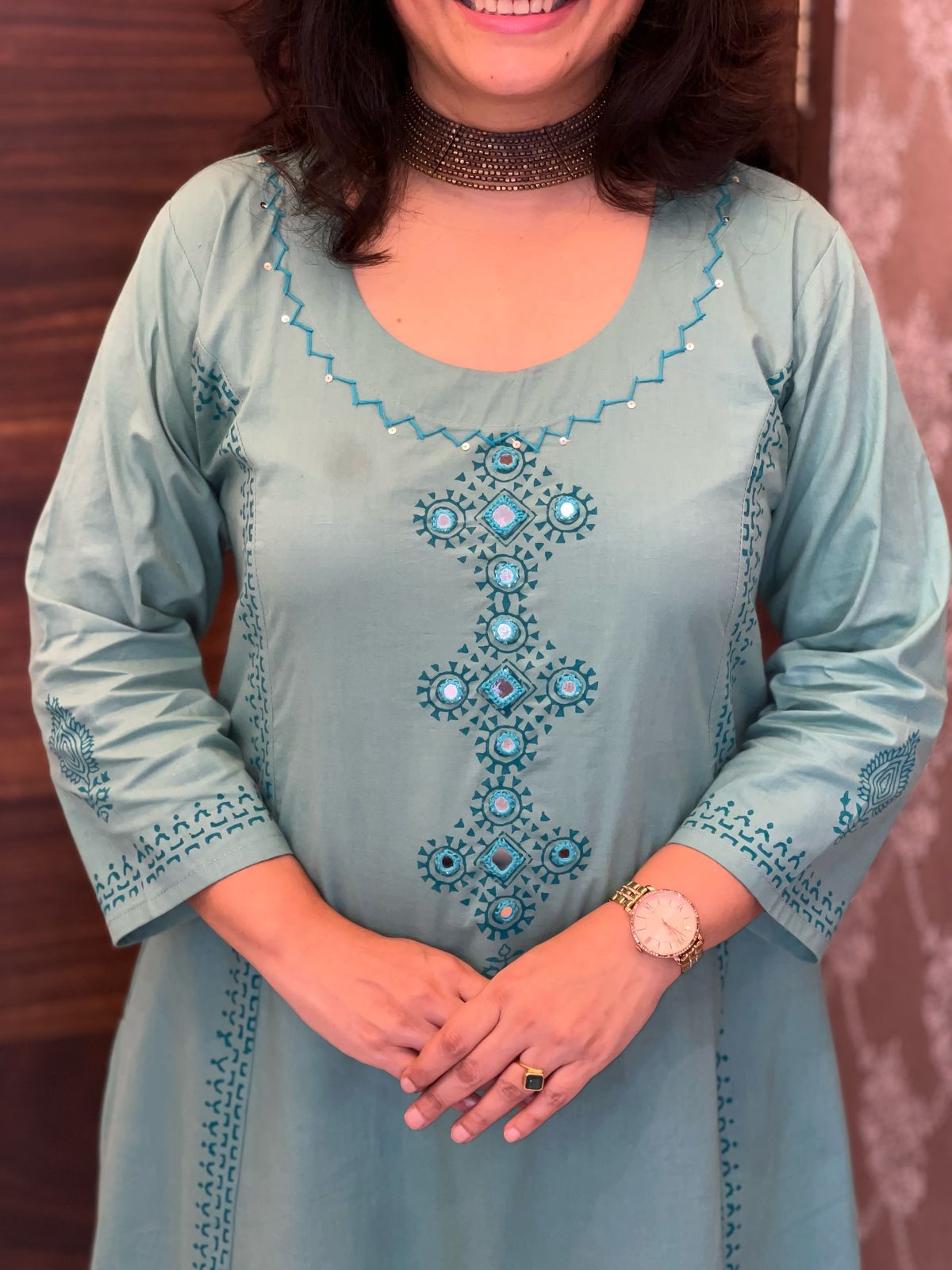 Aqua Blue Colour Block Printed Pure Cotton Dupatta Set