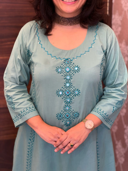 Aqua Blue Colour Block Printed Pure Cotton Dupatta Set