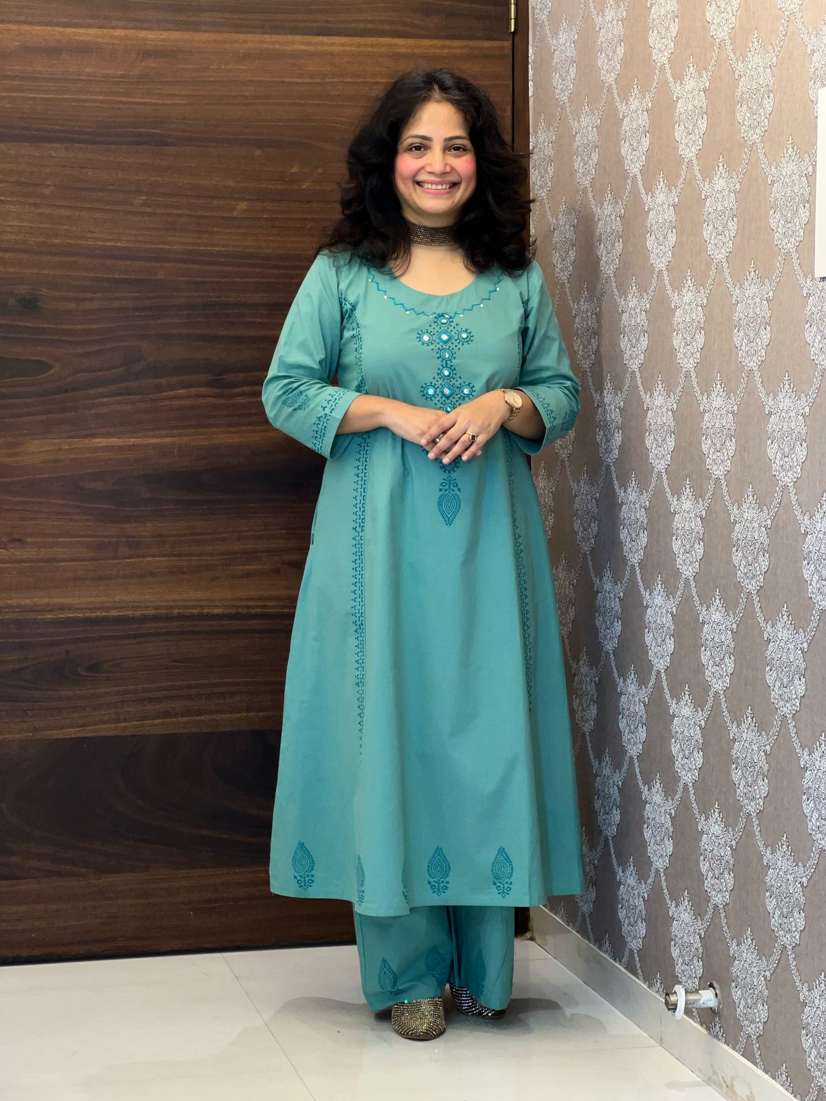 Aqua Blue Colour Block Printed Pure Cotton Dupatta Set