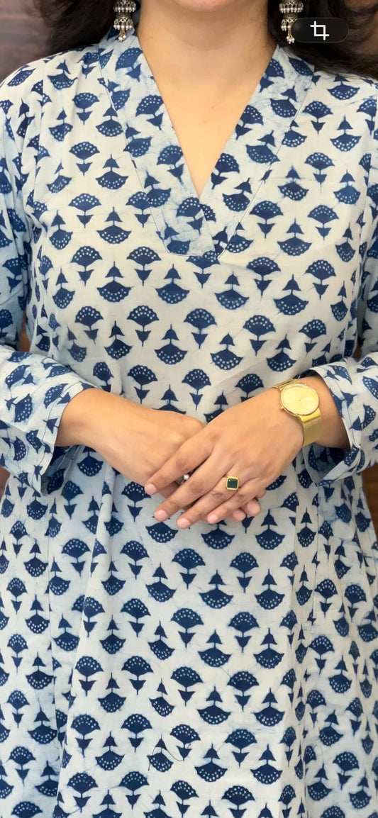 Indigo Color Dabu Hand Block Print Pure Cotton A Line Kurti With Palazzo