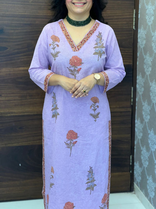 Lavender Color Block-Printed Pure Cotton Dupatta Set