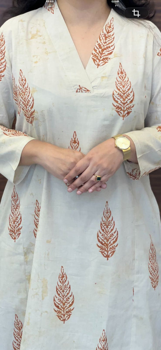 Cream Color Dabu Hand Block Print Pure Cotton A Line Kurti With Palazzo