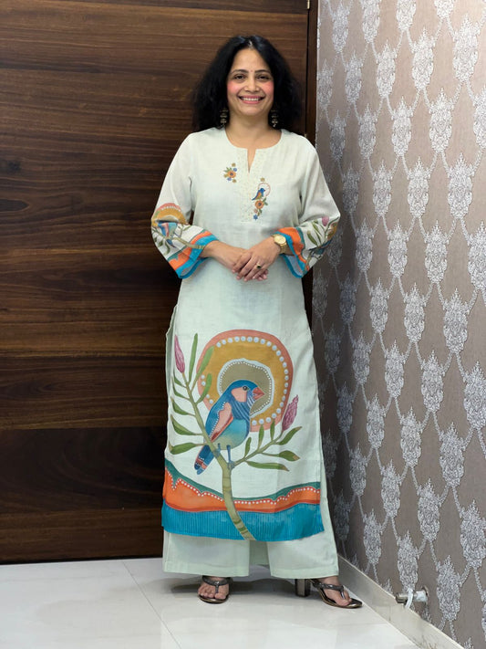 Mint Green Color Linen Dupatta Set