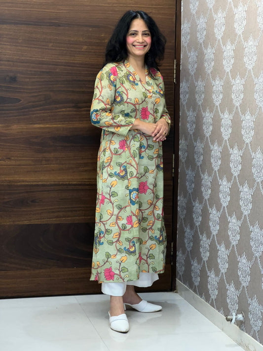 Soft Sage Green Color Linen A-Line Kurti