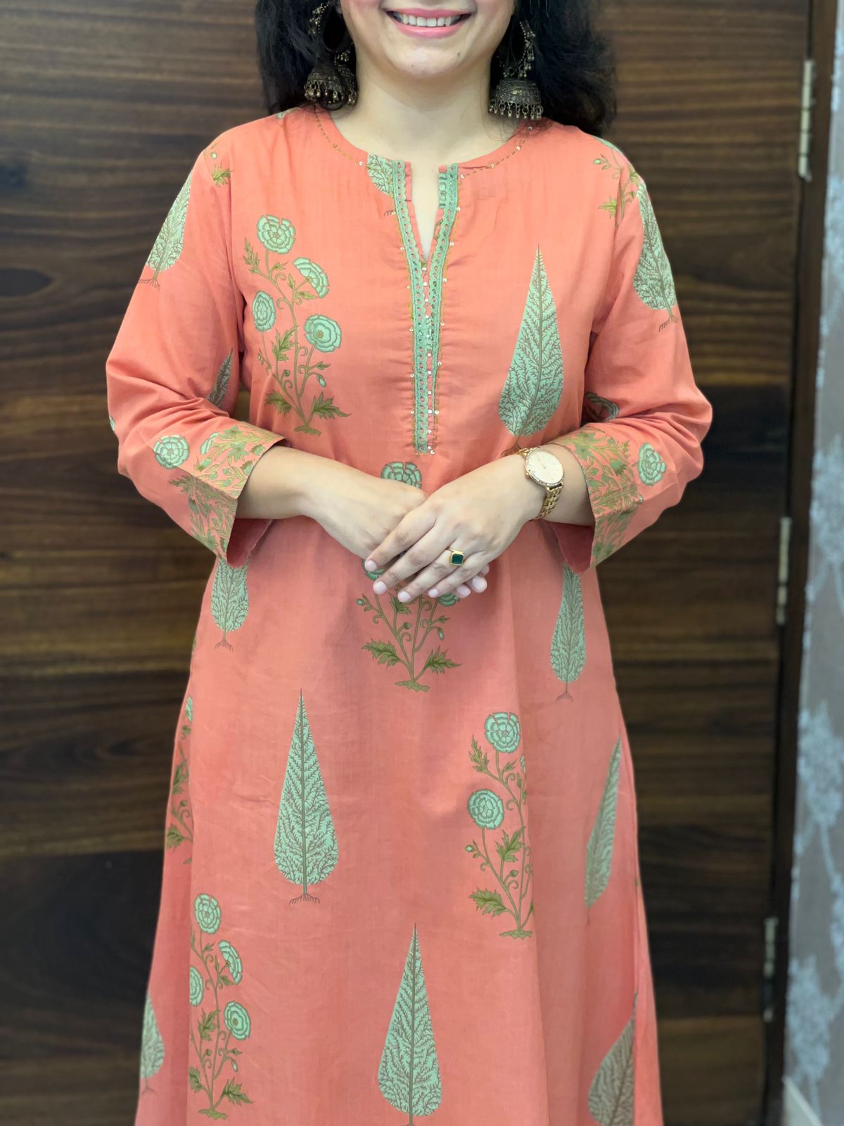 Peach Colour Pure Cotton Block Print Dupatta Set