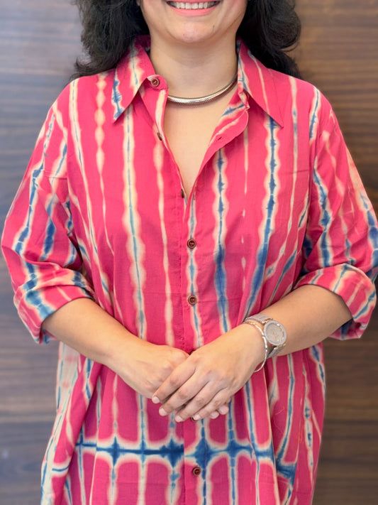 Shibori Print Pink Color Pure Cotton Shirt Top