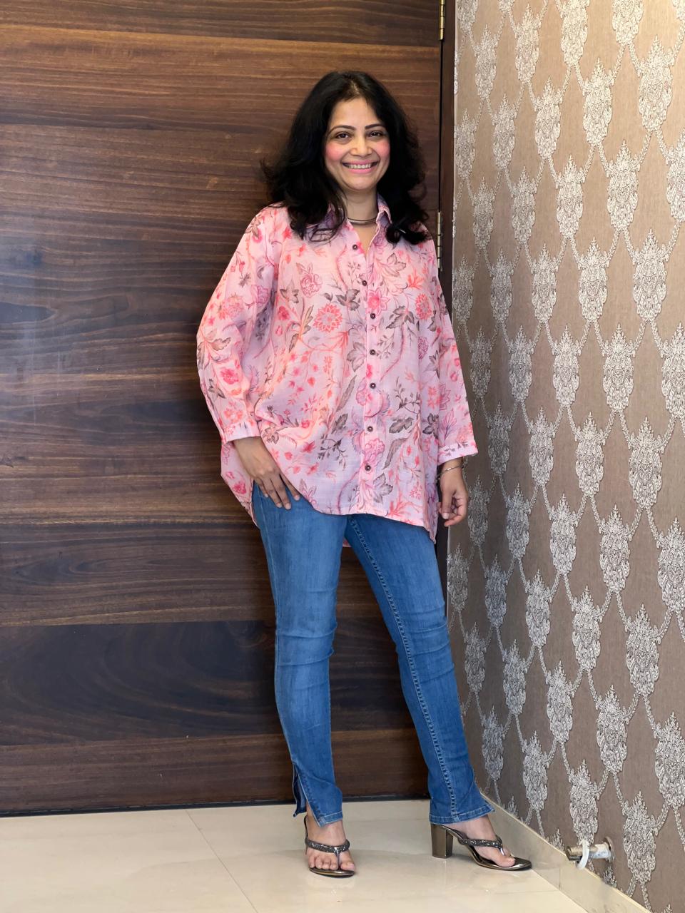 Digital Print Light Pink Color Cotton Blend Shirt Top