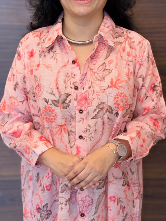 Digital Print Light Pink Color Cotton Blend Shirt Top