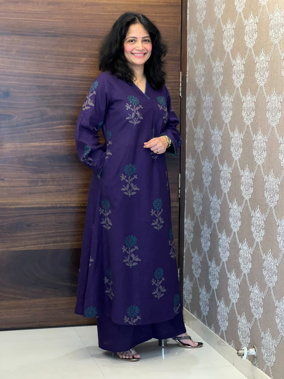 Purple Color Block Printed Cotton Flex A Line Kurti With Palazzo