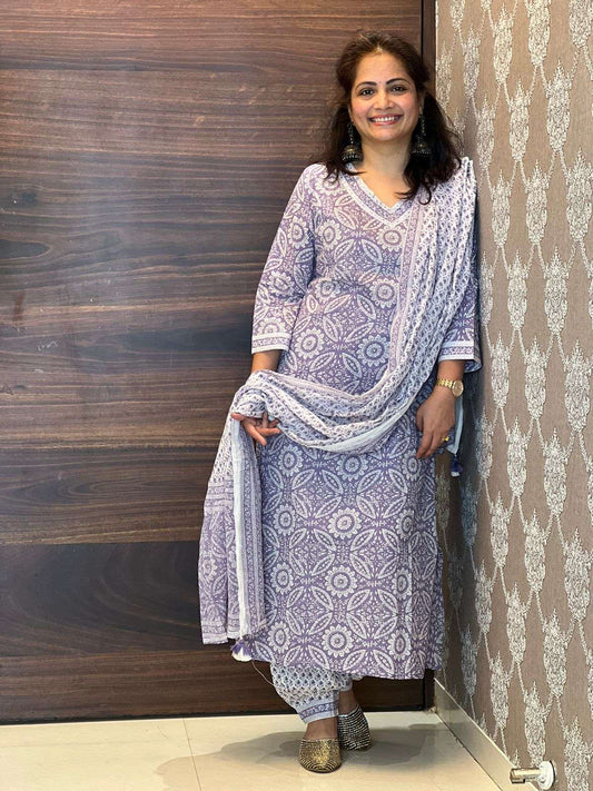 Lavendar colour pure cotton afghani set