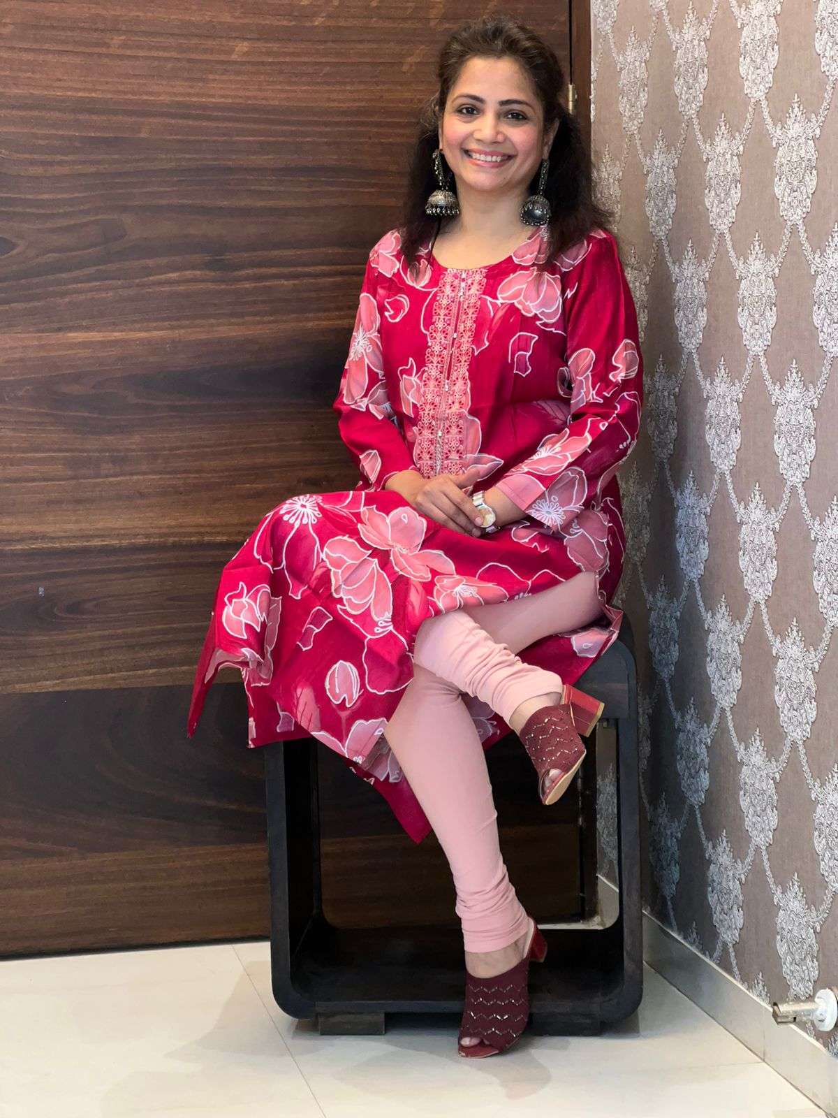 Red Floral Printed Modal Muslin Kurti