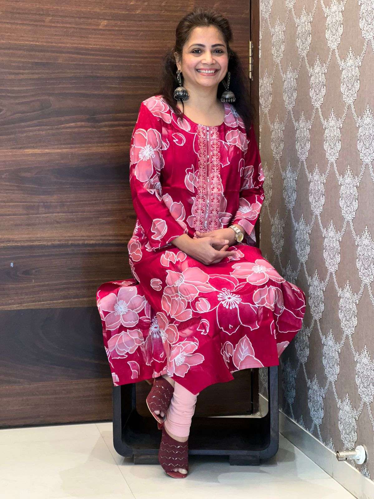 Red Floral Printed Modal Muslin Kurti