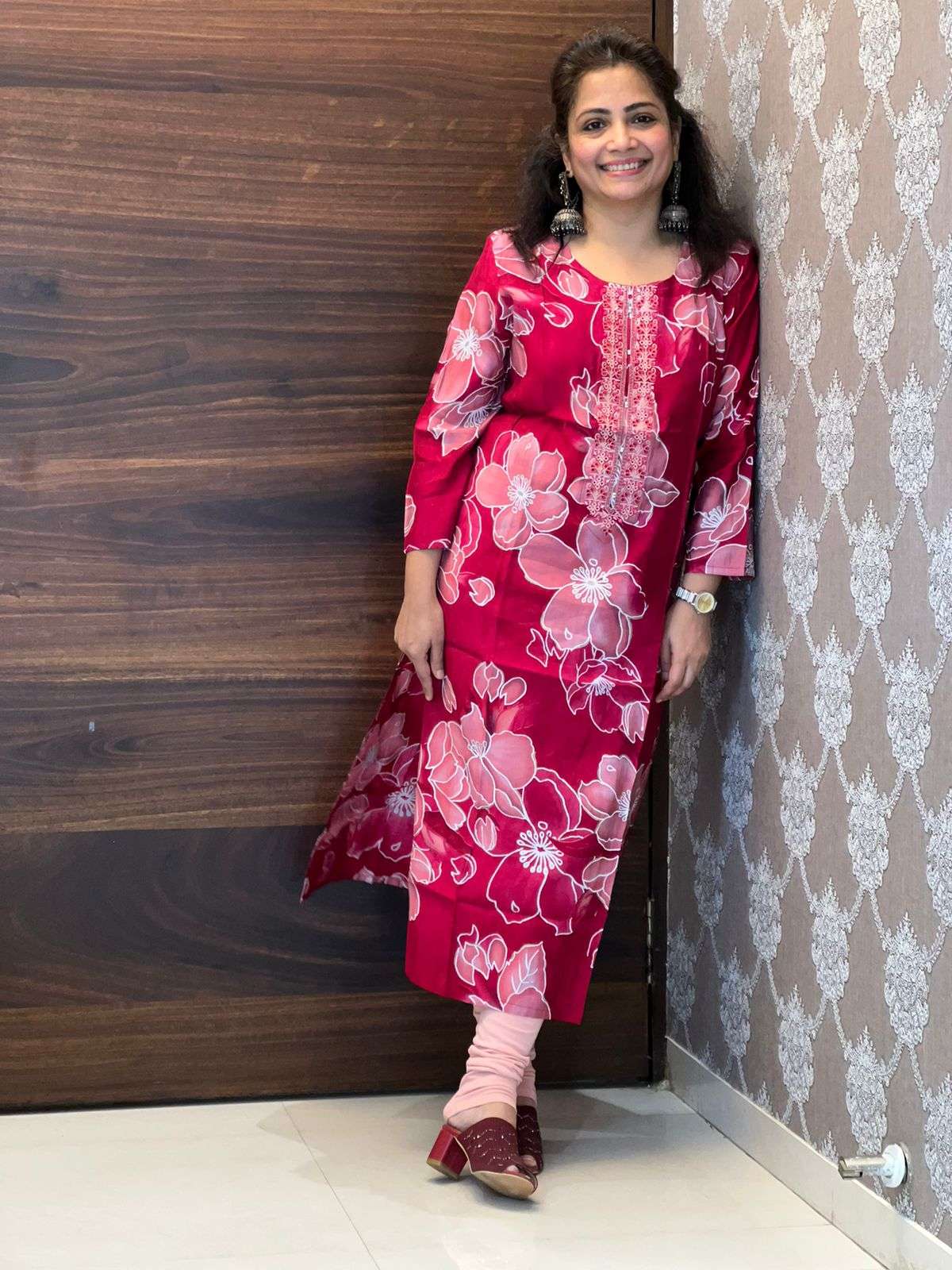 Red Floral Printed Modal Muslin Kurti