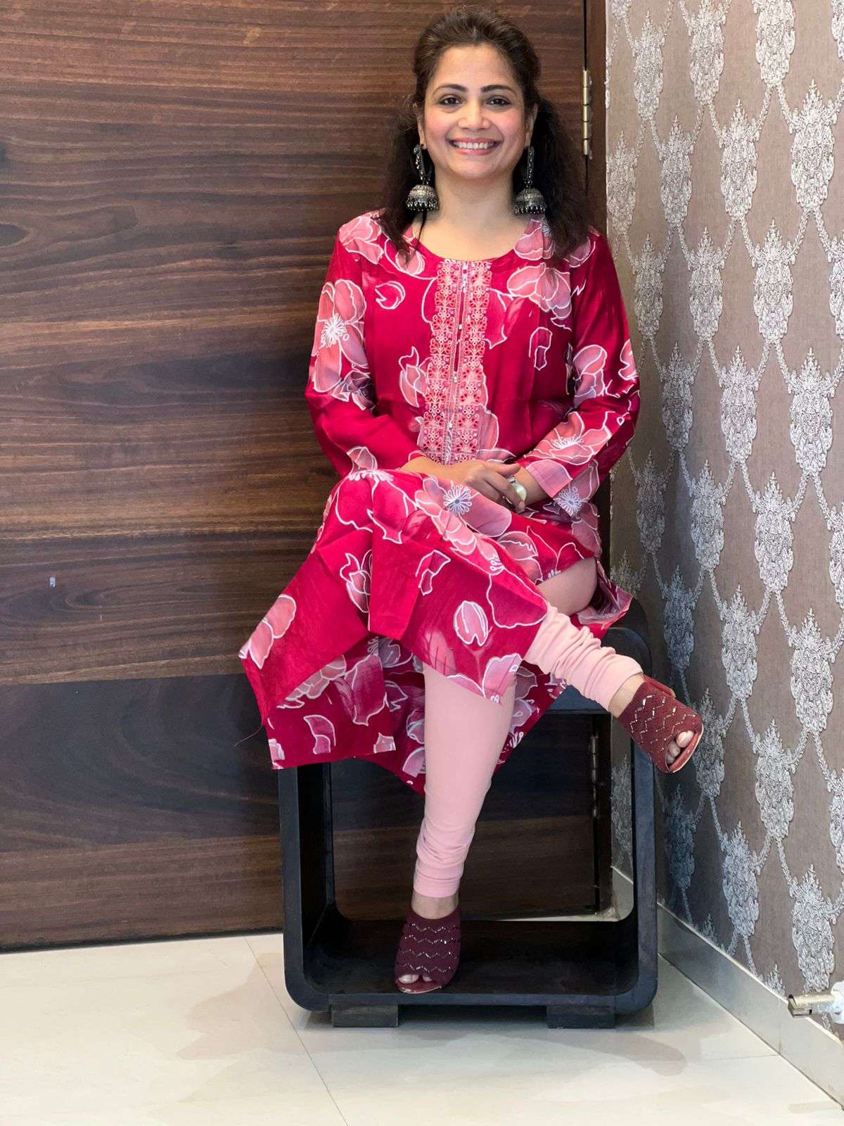 Red Floral Printed Modal Muslin Kurti
