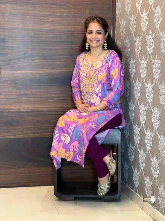 Purple Colour Pure Muslin Digital Printed Kurti