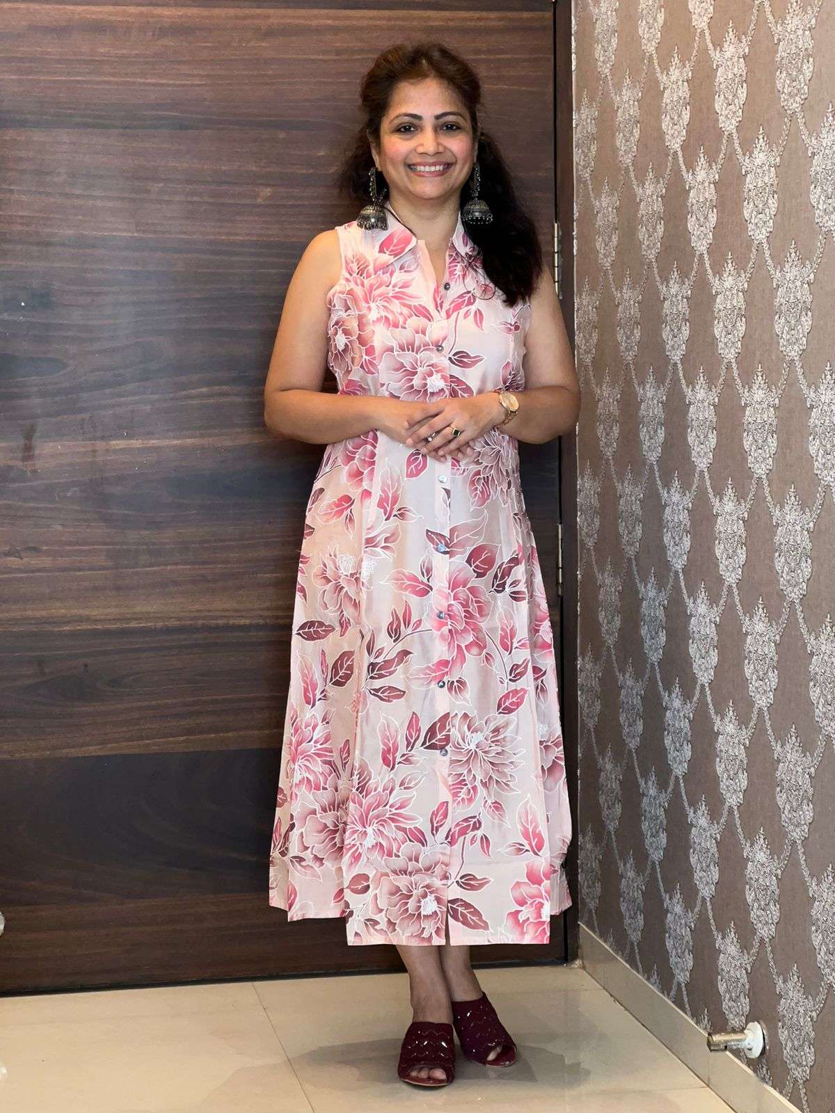 Digital Printed Modal Muslin Cream-Pink Dress