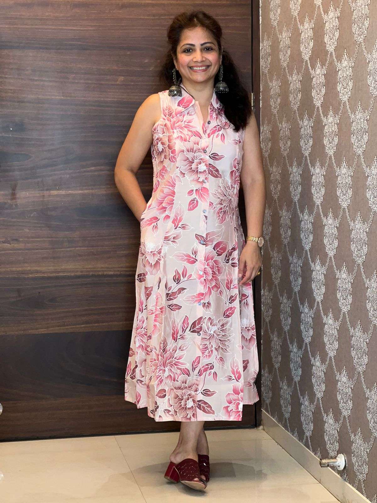 Digital Printed Modal Muslin Cream-Pink Dress
