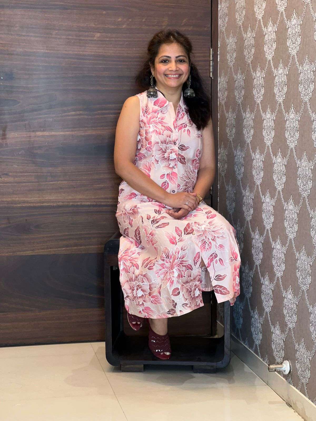 Digital Printed Modal Muslin Cream-Pink Dress