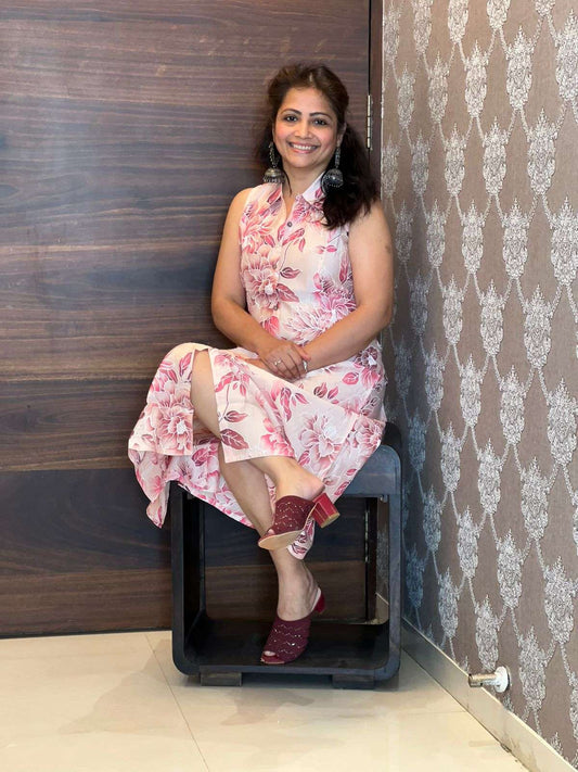 Digital Printed Modal Muslin Cream-Pink Dress