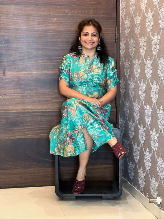 Digital Printed Muslin Firozi Color Dress