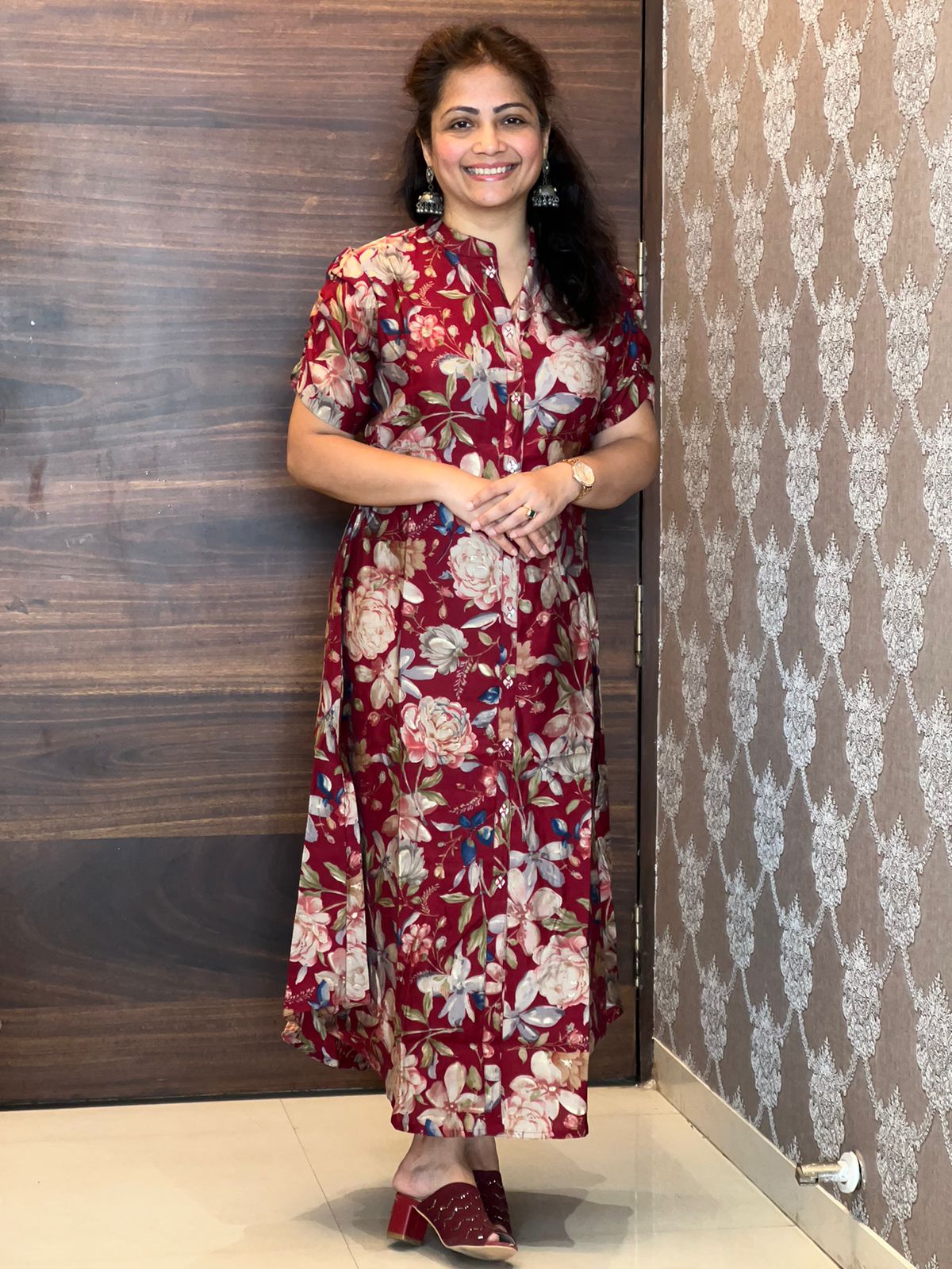 Digital Printed Muslin Red Color Dress