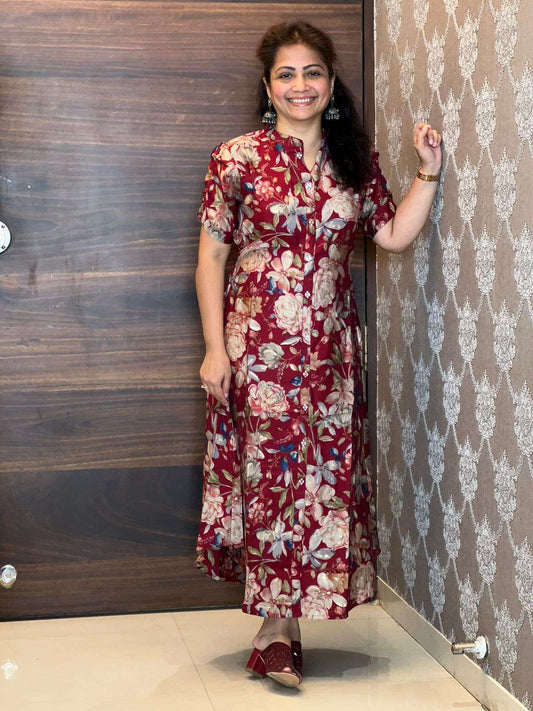 Digital Printed Muslin Red Color Dress