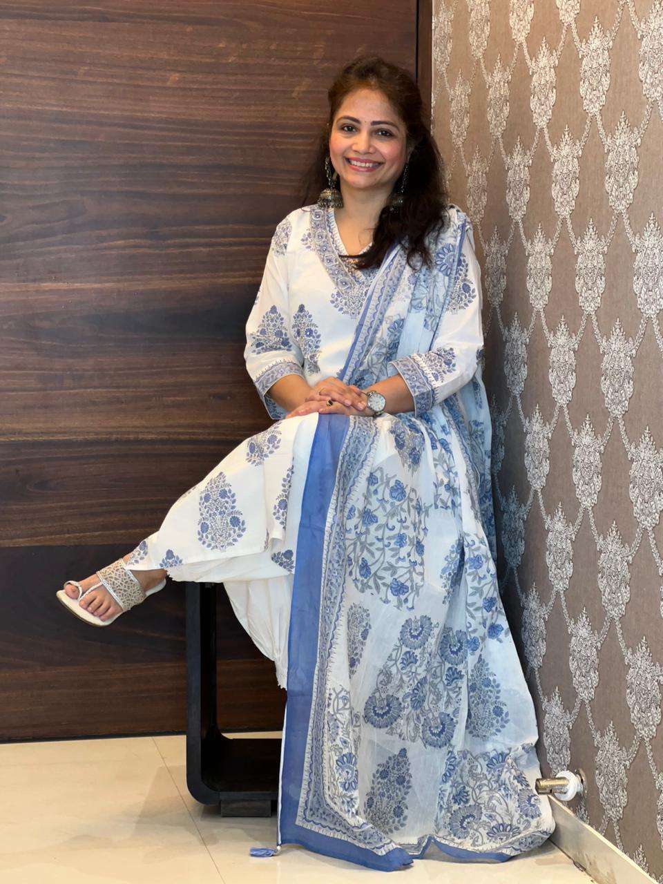White Block-Printed Afghani 3 PC Set