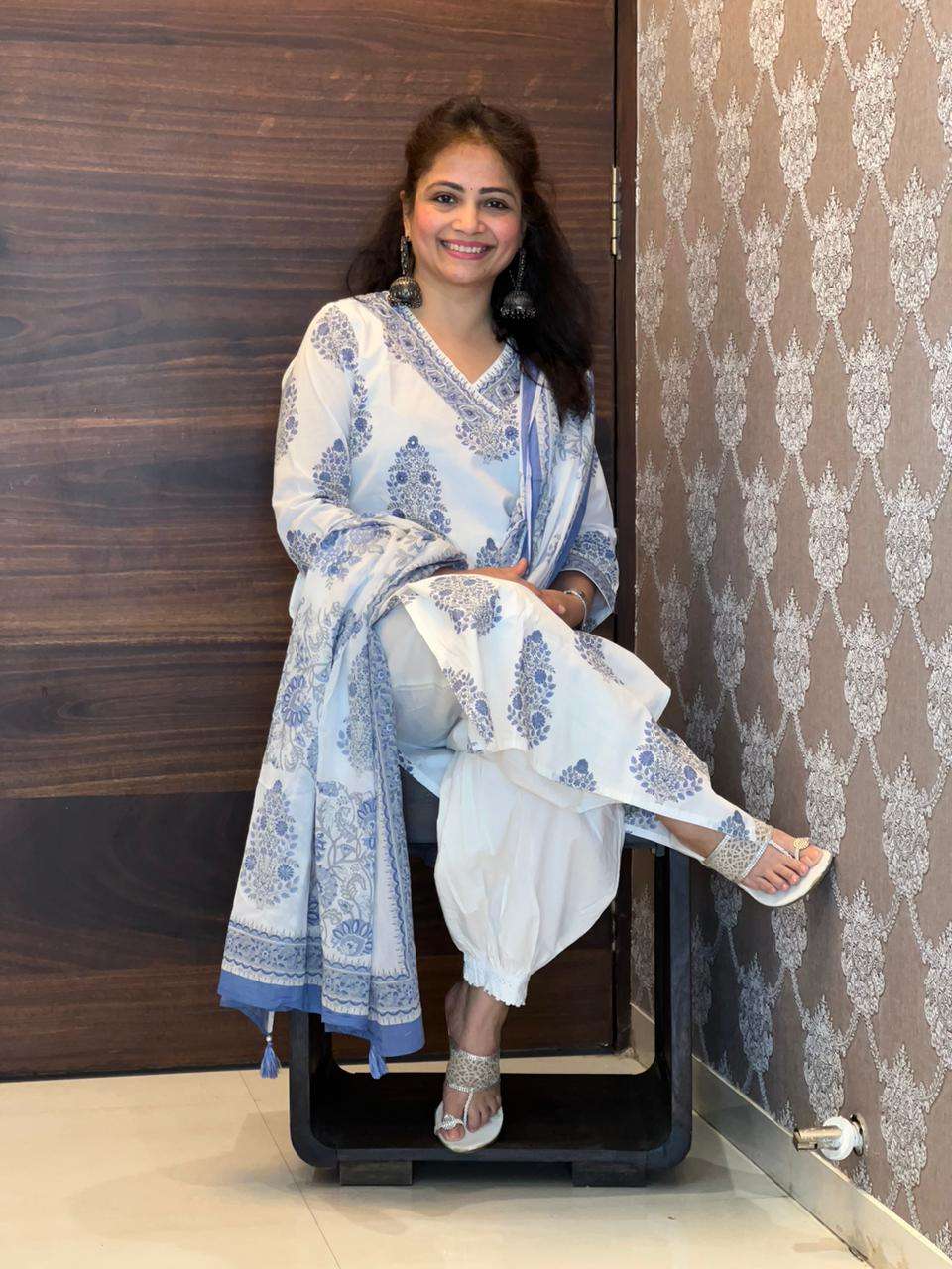 White Block-Printed Afghani 3 PC Set